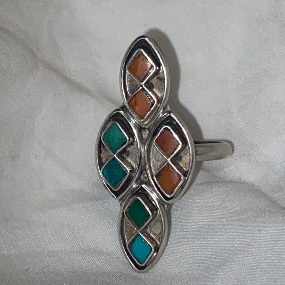 Vintage Southwestern Navajo Turquoise Coral & Sterling Silver Old Pawn Ring - Picture 7 of 14
